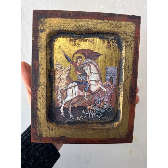 Vtg Saint George Slay the Dragon Horse Religious Art Wooden Wall Hangings Italia - Picture 5 of 10